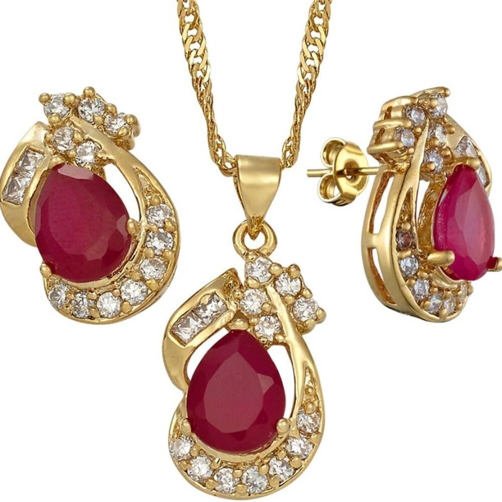 Jewelry Set for Women Brass Yellow Gold Plated Pendant Necklace Earrings